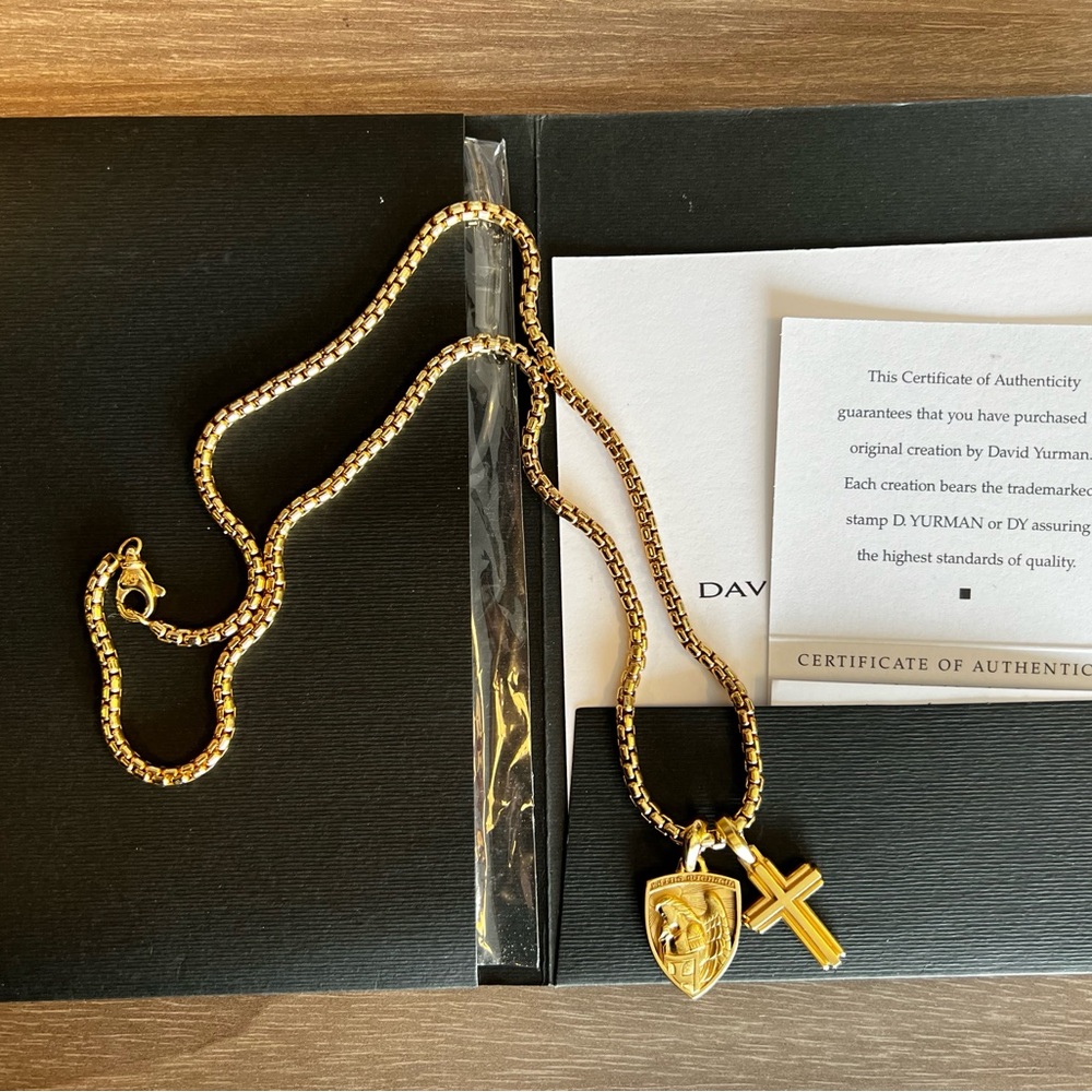 David Yurman 18k Gold Medium Box Chain 3.4mm 22” with St. Michael and Deco Cross